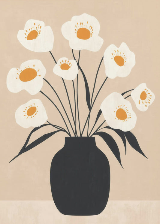 Weiße Blumen in schwarzer Vase | Poster