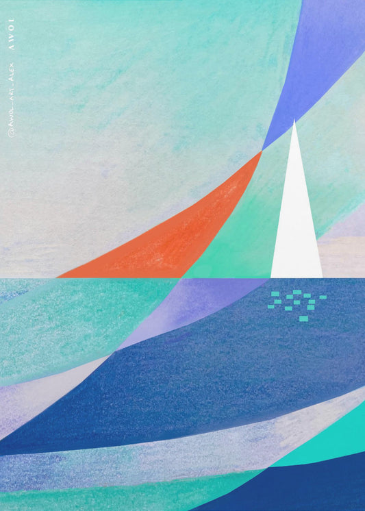 Abstrakte Ozeankunst mit minimalistischem weißen Segelboot auf dem Meer | Leinwand