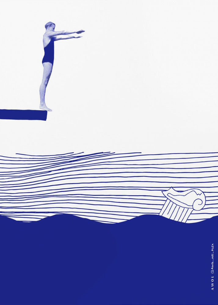 Moderne Vintage Strand Wandkunst, Maritimer Kunstdruck, Frau schwimmt im abstrakten Meer | Leinwand