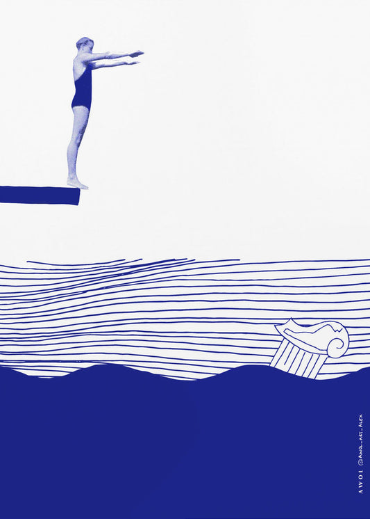 Moderne Vintage Strand Wandkunst, Maritimer Kunstdruck, Frau schwimmt im abstrakten Meer | Leinwand