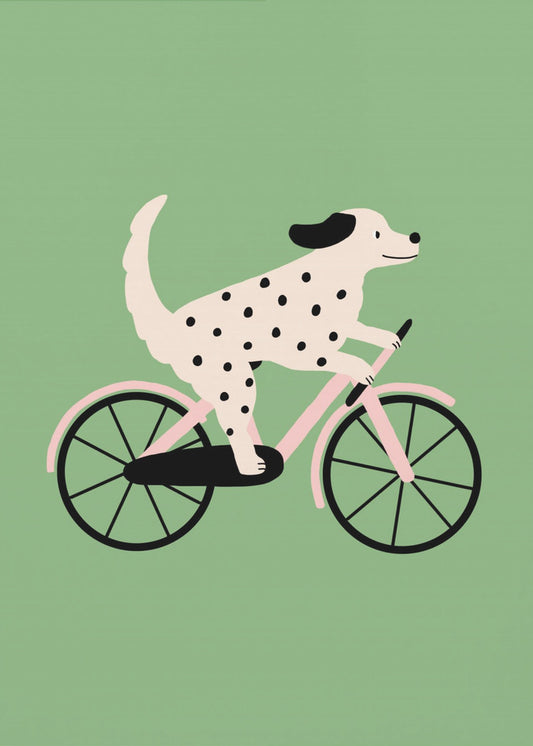 Gefleckter Hund beim Fahrradfahren | Leinwand