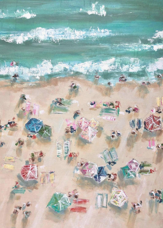 Colorful Umbrellas and Sunbathers on a Sandy Shore | Canvas