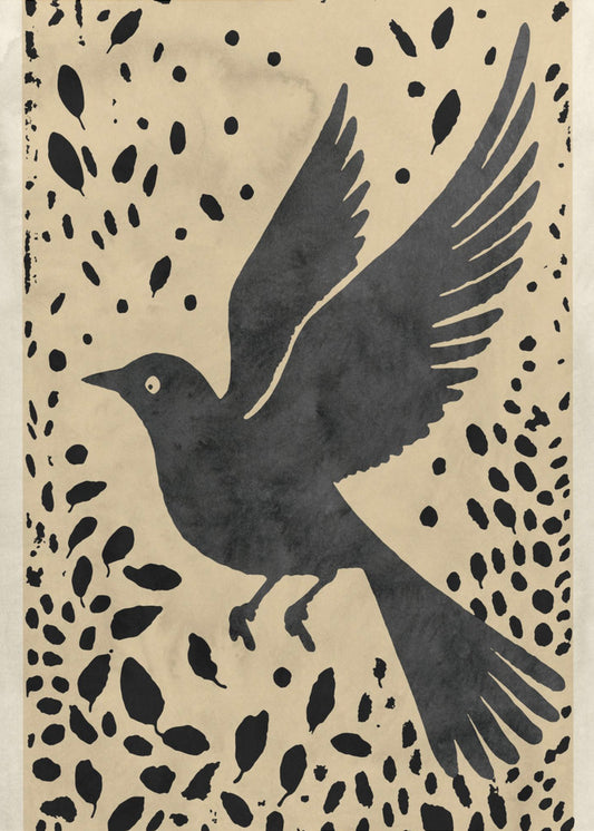 Vogel im Flug, umgeben von verstreuten Blättern | Poster