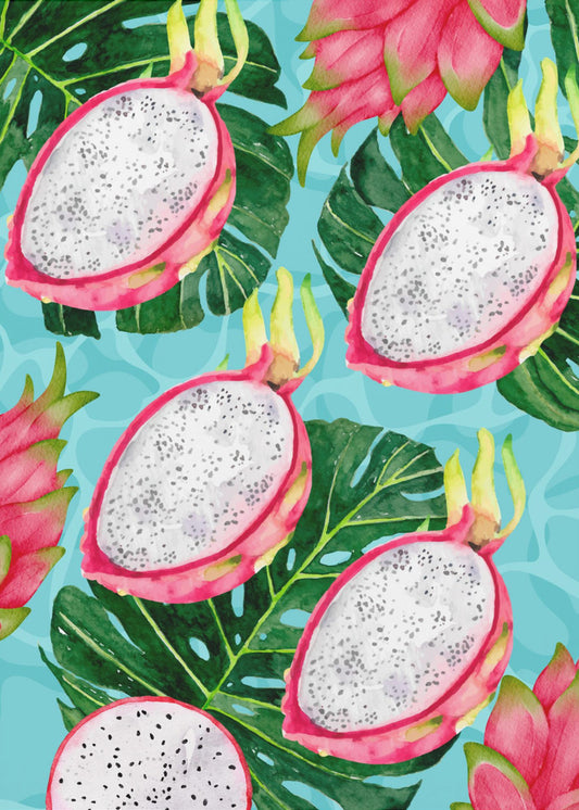 Lebendiges ästhetisches Muster aus Drachenfrucht und Monstera-Blättern – Exotisches tropisches Aquarell | Poster