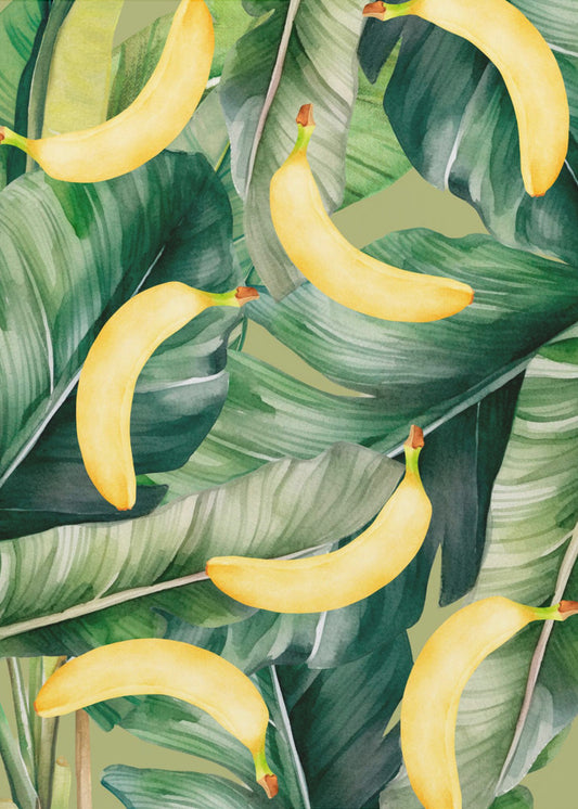 Ästhetisches Muster mit frischen Bananen und üppigen tropischen Blättern – Natürliches Aquarelldesign | Leinwand