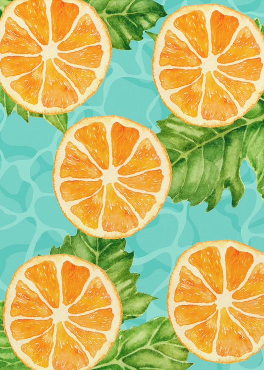 Lebendiges ästhetisches Muster aus Orangenscheiben und Blättern – Erfrischendes Sommer-Aquarell | Leinwand