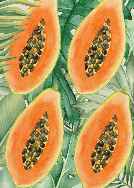 Ästhetisches Muster mit exotischer Papaya und üppigen grünen Blättern – Tropisches botanisches Aquarell | Leinwand